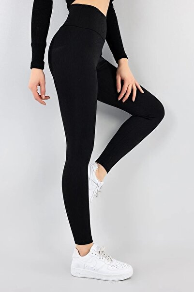 ARESMODA جوارب نسائية سوداء عالية الخصر مضلعة