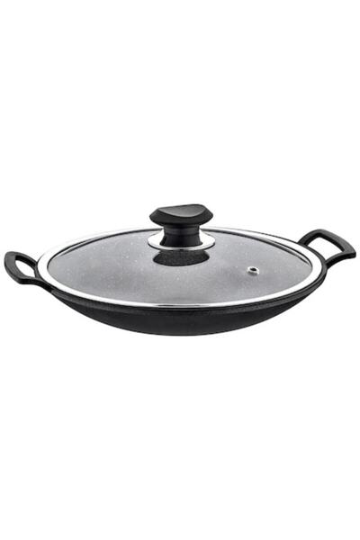 OMSEYAPI 34 cm Granit Döküm Sac Tava Cam Kapaklı