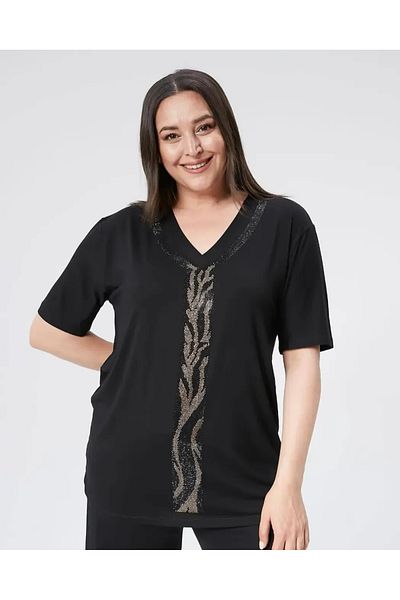 CAFCAF Women's Plus Size Collar and Front Stripe Jewelled Black