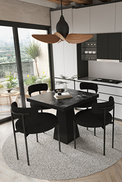 AVVİO Lago Siyah Lake Mdf Ayak 80x80 Yemek Masası Mutfak Masası 4 Kişilik Masa Takımı Teddy Sandalye