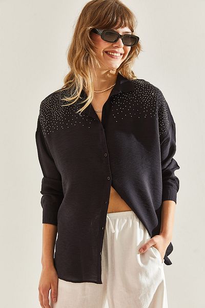 Bianco Lucci Linen Women's Shirt - Airobin Stone Embroidered, Model 60251105