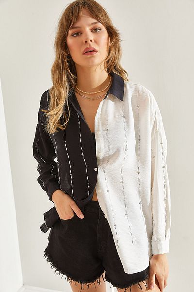 Bianco Lucci Linen Women's Shirt - Airobin Stone Embroidered, Model60251106