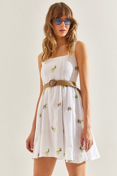 Bianco Lucci Women's Guipure Dress with Belt and Lining and Thick Straps -60251097