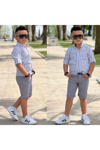 rainkids New Season Striped Shirt Belted Shorts Set - RKSG270