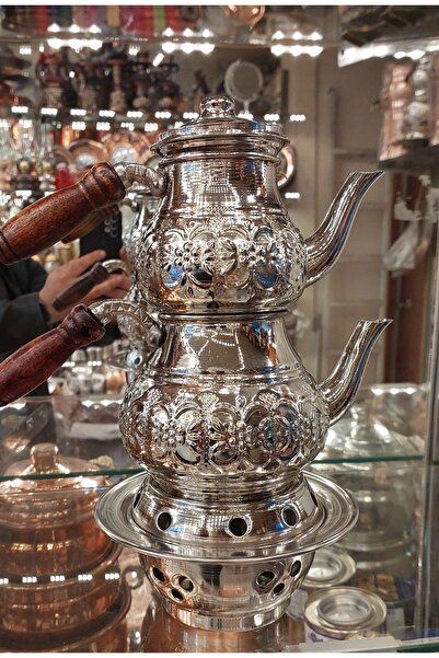 Bakır Center Bakır Çaydanlık & Bakır Demlik El Yapımı Çiçek Desenli Osmanlı Ocaklı Bakır Çaydanlık Küçük Boy