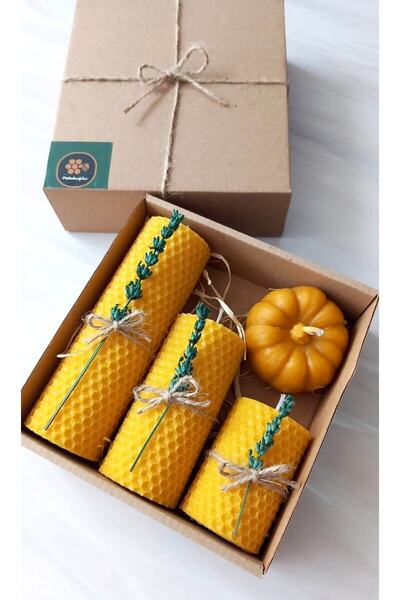 Petekoğlu Dekoratif Doğal Petek Balmumu Mum Bal Kabağı Lavantalı Set Bal Mumu Mum Hediyelik