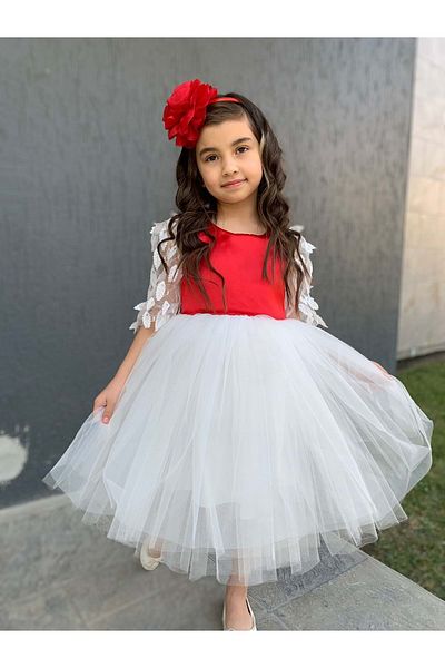 Mnk Leaf Pattern Girl's Dress Red