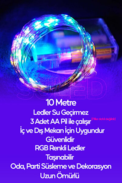 SULED Rgb Pilli Led Işık 10 Metre Iç & Dış Mekan Parti Dekor Kutlama Işığı Renkli Led Dekorasyon Sl-1056