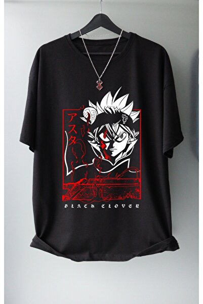 Fuddy Moda Tricou negru oversize Black Clover, tricou negru unisex cu imprime...