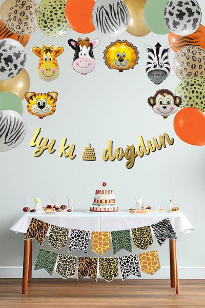 PEKSHOP Safari Birthday Party Set Balloon Chain Happy Birthday Streamer Set Animal Head Balloons