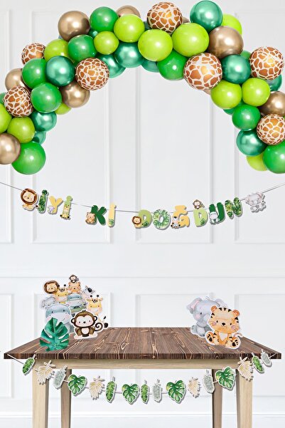 PEKSHOP Safari Doğum Günü Parti Paketi Yeşil Gold Balon Zinciri Safari Ayaklı...