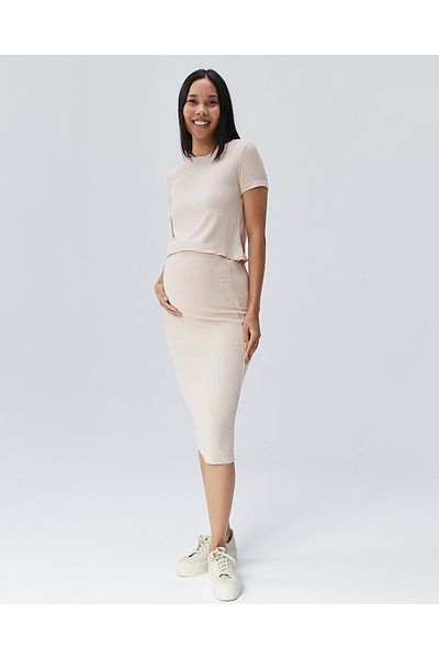 LYN MAMA George Beige Adjustable Waist Maternity Skirt Top Set