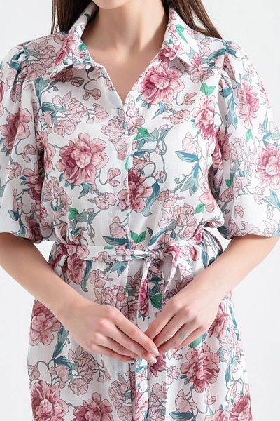 Lafaba Women's Powder Balloon Sleeve Patterned Midi Dress