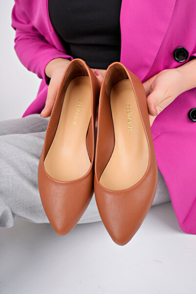 Deripabuc Genuine Leather Tan Women's Leather Ballerinas Dp58-5057