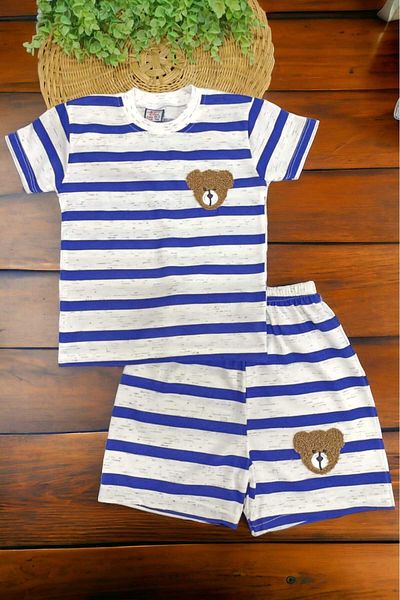 dinamik çocuk Unisex Children's Striped Embroidered 2-Piece Top and Bottom Set Summer Thin Short Sleeve