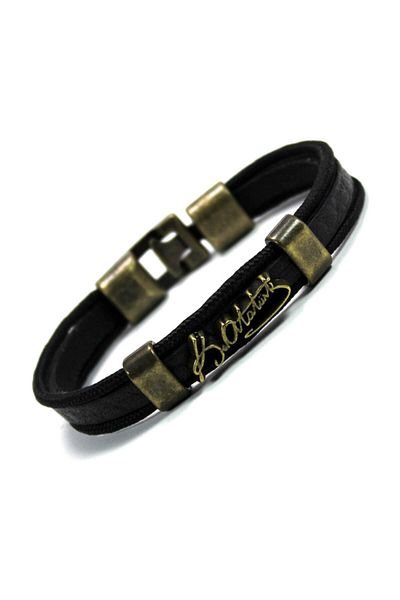 Modaroma K.atatürk Black Leather Bracelet with Bronze Pieces