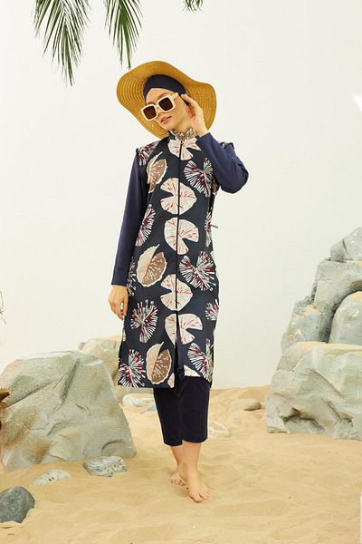 Starinci Mayo Costum de baie complet acoperit cu uscare rapidă Hijab Albastru închis cu frunze albe