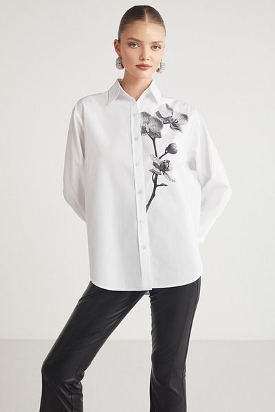GRIMELANGE Shıbon Γυναικείο 100% οργανικό βαμβάκι Relaxed Fit ύφασμα ποπλίνα με φλοράλ εμπριμέ λευκό πουκάμισο