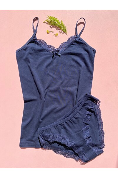 LEYNA BUTİK طقم سراويل داخلية نسائية من الدانتيل باللون الأزرق الداكن ومفصلة