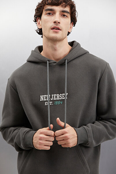 GRIMELANGE Herald Men's Hooded Kangaroo Pocket Inside Fleece Printed Dark Gray Sweatshirt