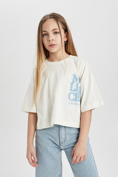 DeFacto Girls' Crew Neck Printed Crop Short Sleeve T-Shirt C1939A824Sm