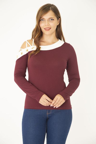 Şans Women's Large Size Claret Red Eyelet and Piping Detailed Blouse 65N36965