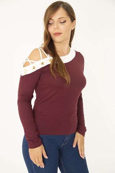 Şans Women's Large Size Claret Red Eyelet and Piping Detailed Blouse 65N36965
