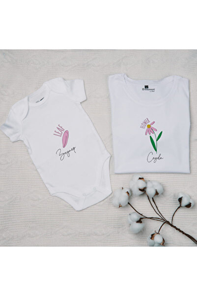 Lotus Baby Çiçek Tasarımlı İsime Özel Anne Tişört Bebek Body Kombini