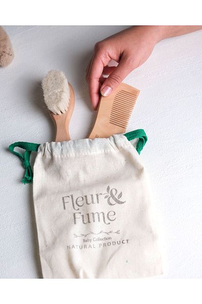 Fleur Fume Baby Hair Care Set (Goat Hair Baby Hair Brush + Natural Cherry Tree Baby Comb + Storage Pouch)