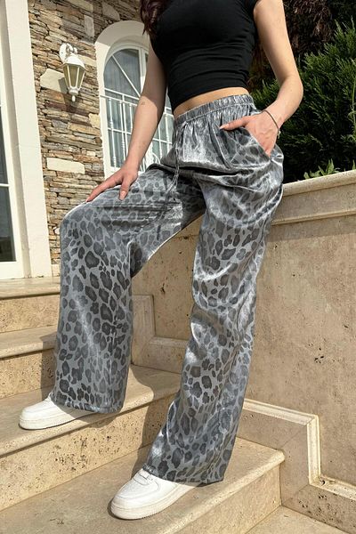 Denfa Moda Women's Gray Leopard Pants
