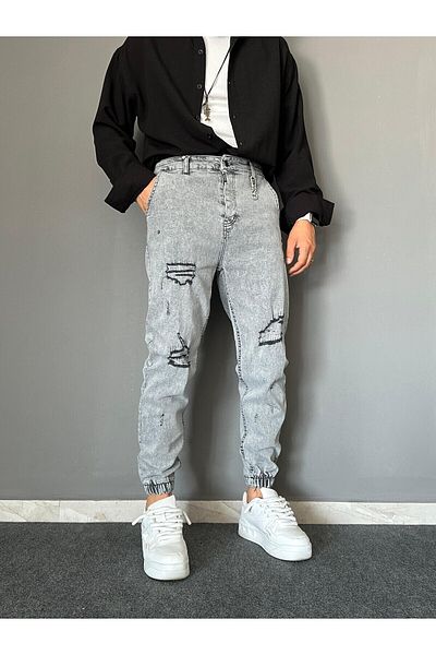 THEMANN Accessorized Rubber Leg Gray Ripped Jeans JG-02