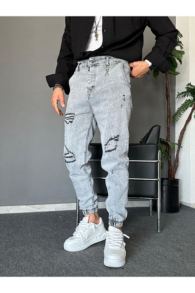 THEMANN Accessorized Rubber Leg Gray Ripped Jeans JG-02