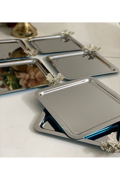 Elzemm store 6-Piece Stainless Steel Square Serving Tray - With Silver Branch and Butterfly Accessories
