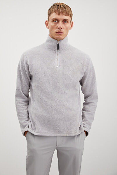 GRIMELANGE Hayes Erkek Polar Yarım Fermuarlı Deri Aksesuarlı Kalın Dokulu Comfort Fit Gri Polar