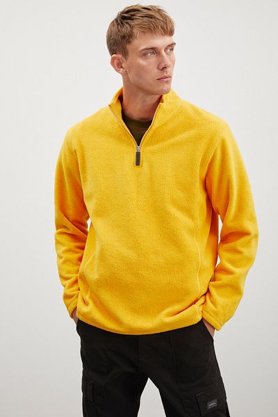 GRIMELANGE Hayes Herren-Fleece-Fleece mit halblangem Reißverschluss und Lederzubehör, dickes, strukturiertes, bequemes Fleece in Safrangelb