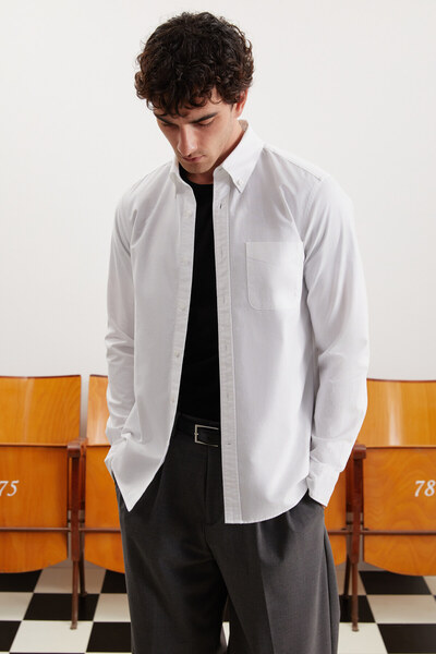 GRIMELANGE Cliff Men's 100% Cotton Oxford White Shirt with Pockets