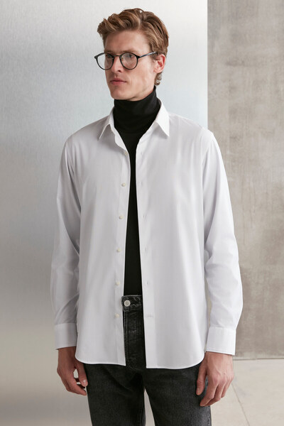 GRIMELANGE Branham Men's Ultra Flexible Cotton Elastane Fabric Slim Fit Poplin White Shirt