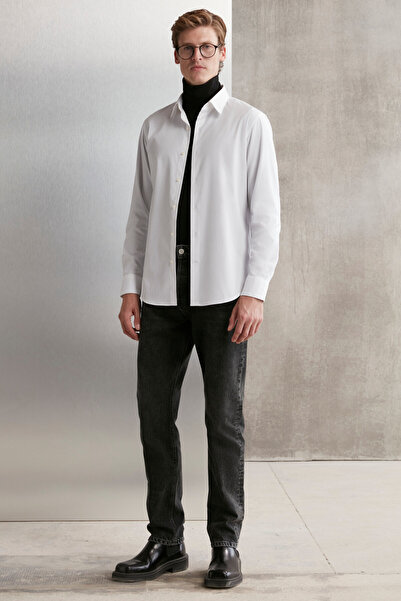 GRIMELANGE Branham Men's Ultra Flexible Cotton Elastane Fabric Slim Fit Poplin White Shirt