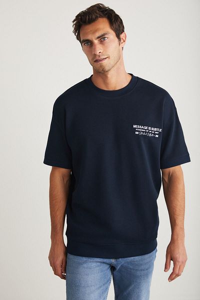 GRIMELANGE Μπλουζάκι Brendan Ανδρική λαιμόκοψη 100% βαμβάκι Navy Blue με κέντημα και λεπτομέρεια εκτύπωσης