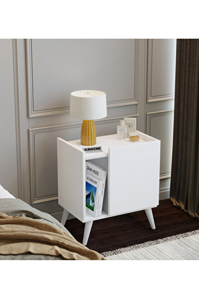 subahome 50 Cm Mdf Modern Ayaklı Beyaz Komodin Çok Amaçlı Dolap Yan Sehpa Plak Dolabı Koltuk Yanı Sehpa