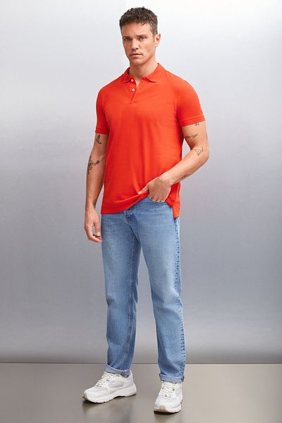 GRIMELANGE MARTEN pánské 100% bavlněné triko s krátkým rukávem Regular Fit Red Polo Collar