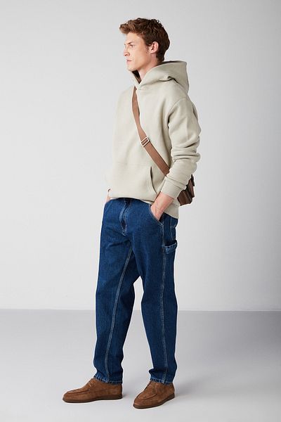 GRIMELANGE Draco Men's Soft Fabric Knitted 3 Thread Oversize Hooded Kangaroo Pocket Stone Color Sweatshirt