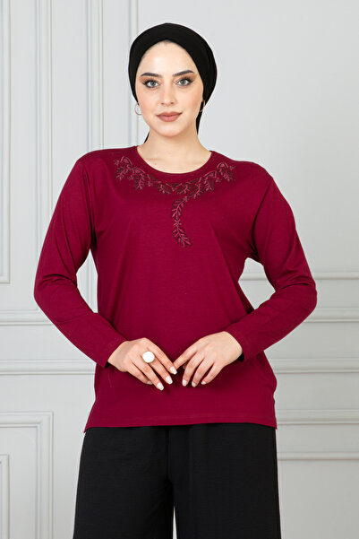 nacar çarşı Γυναικεία Κόκκινη Μπλούζα από Χτενισμένο Βαμβάκι