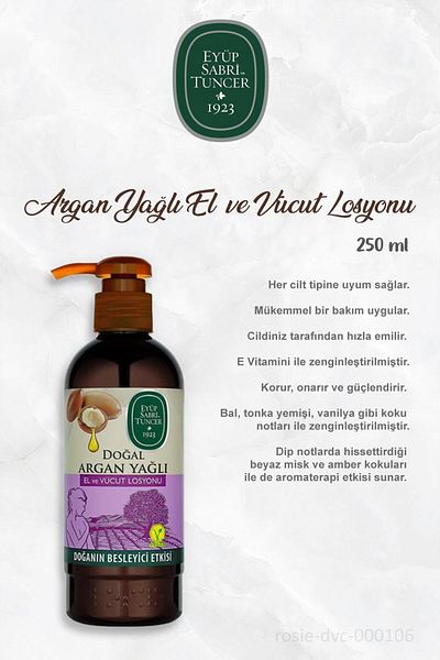 Eyüp Sabri Tuncer ROSIE - 3 Pieces Eyüp Sabri Tuncer Body Lotion, Argan 250 ml and 60 pcs 100% Cotton