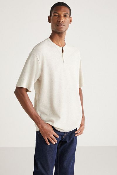 GRIMELANGE Millard Men's Button Collar Comfort Fit Special Textured White Look Carmelange T-shirt