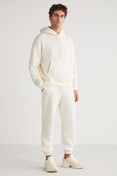GRIMELANGE ERON Men's Hooded Kangaroo Pocket Fleece Inside Ecru Tracksuit Set