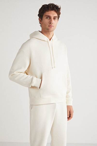 GRIMELANGE ERON Men's Hooded Kangaroo Pocket Fleece Inside Ecru Tracksuit Set