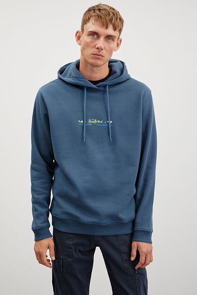 GRIMELANGE Jayan Men's Hooded Petrol Green Sweatshirt with Fleece Printed Inside
