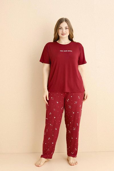 MEBA Women's Lycra Milan Oversize Short Sleeve Claret Red Rise And Shine Plus Size Pajama Set /24