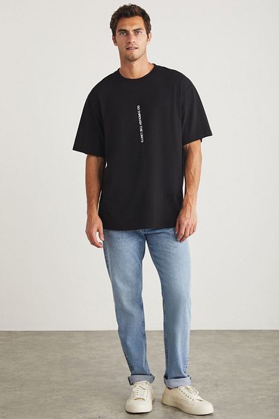 GRIMELANGE Harald Men's Crew Neck 100% Cotton Black T-shirt with Print Detail